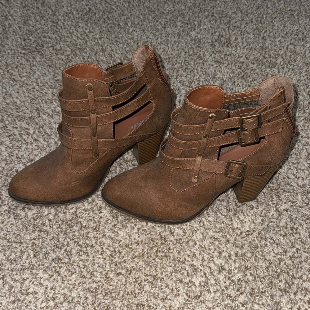 Forever Brown Leather Strappy Cutout Ankle Booties
